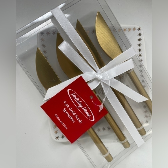 Holiday 4 pack gold finish cheese spreader and Happy Holidays serving dish - Picture 2 of 6